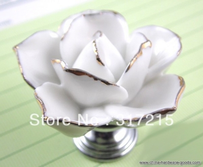 ceramic white rose knobs with silver chrome base flower knob hand painted cabinet pull kitchen cupboard knob kids knobs mg-18