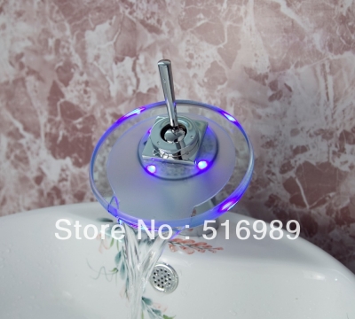 deck mounted chrome led glass waterfall bathroom basin faucet sink mixer tap grass25 [led-faucet-5470]