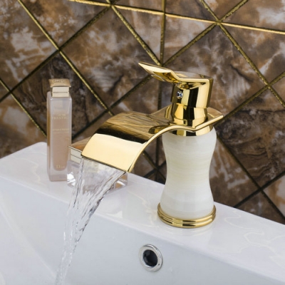 hello bathroom basin faucet torneira waterfall golden polish bathroom brass deck mount 97132 single handle sink faucet mixer tap [waterfall-spout-faucet-9477]