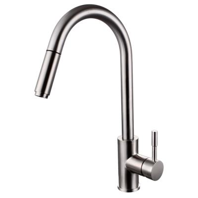 lead- single handle high arc pull down kitchen faucet with swivel spout brushed stainless steel
