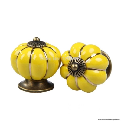 yellow 2pcs pumpkin ceramic door cabinet cupboard drawer knobs pull handles hb88 [Door knobs|pulls-2993]