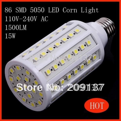 15w e27 86 5050 smd1500lm 360 degree led corn bulb 110v 220v warm white / white led light lamp