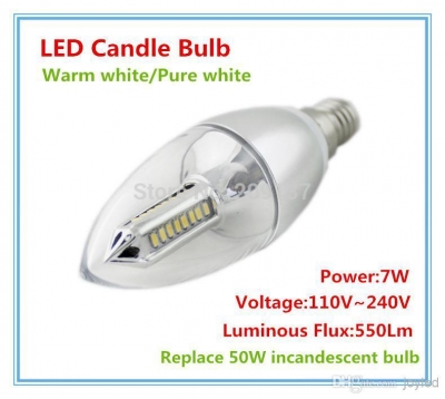 30pcs/lot 7w led candle light e14 e27 led bulb lamp tubes warm white cool white e14 led 110v 220v candle [led-candle-bulb-4717]