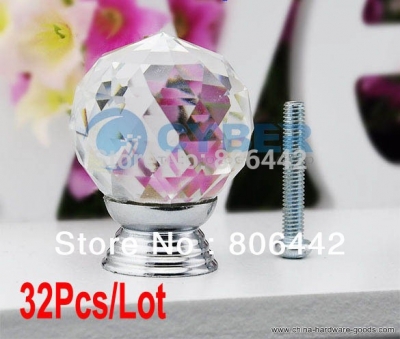32pcs/lot 30mm glass crystal round cabinet knob drawer pull handle kitchen door wardrobe hardware 29
