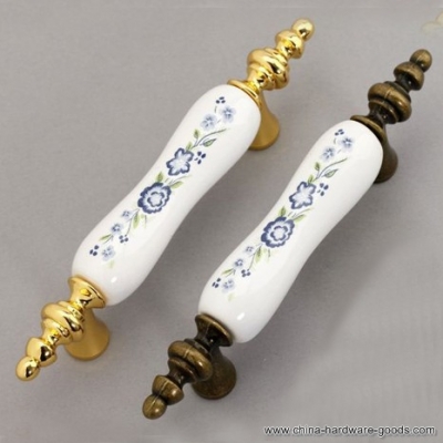ceramic bright golden funiture handle flower long shaped closet knob european rural style cabinet pull [Door knobs|pulls-1699]