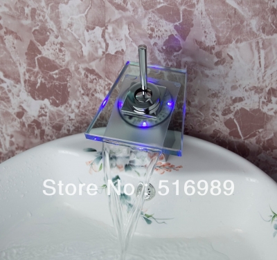 changable color led waterfall bathroom basin sink mixer tap glass chrome faucet tree477 [led-faucet-5449]