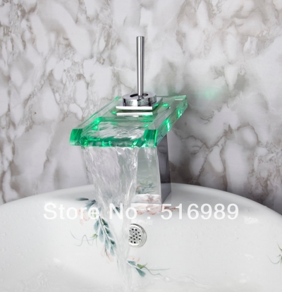 led basin faucet with glass spout, single handle chrome waterfall sink glass mixer faucet kk04 [led-faucet-5475]