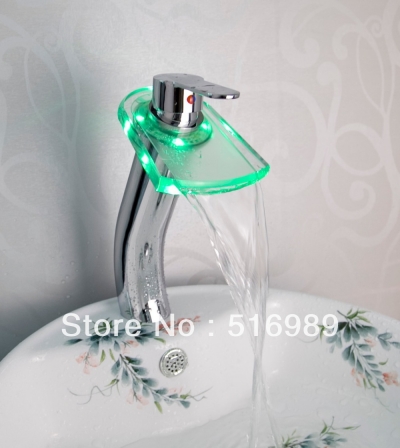 led waterfall bathroom basin faucet mixer taps chrome deck mount single faucet leaf10 [led-faucet-5509]