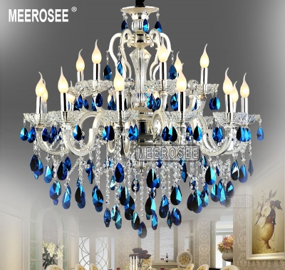 modern large 18 arms silver crystal chandelier light blue crystal lustre light hanging lamp fixture for foyer lobby md8453 l18
