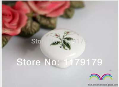 pastorale style calla flower ceramic furniture knob white green ceramic drawer kichen cabinet furniture handles pulls knobs 38mm