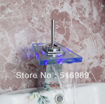 short new bathroom led 3 color waterfall glass spout chrome finish basin sink faucet taps tree475 [led-faucet-5546]