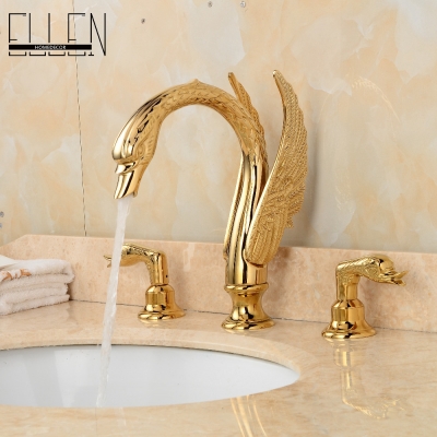 soild brass gold finish faucet bathroom golden swan faucets double handle three hole wash basin tap mixer