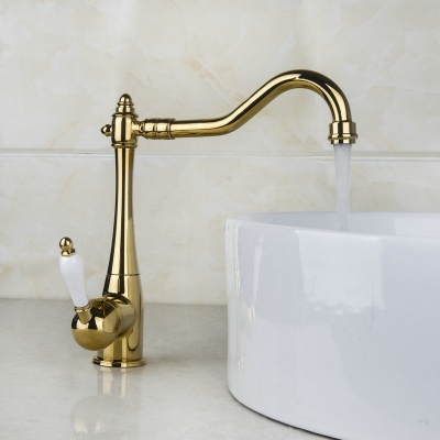 swivel spout sink faucet polished golden finished modern design ceramic single handle solid brass bathroom faucet dv-9837 [bathroom-mixer-faucet-1988]