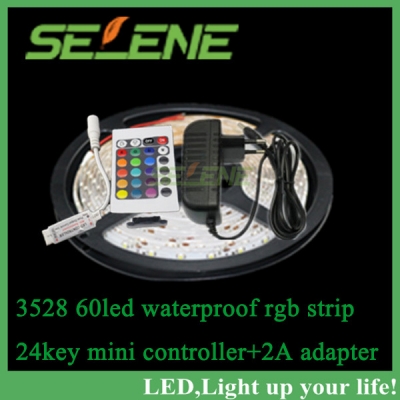 5m rgb led strip 3528 waterproof 60led/m dc12v led strip light 300 leds+24keys mini remote controller +2a adapter power supply [smd3528-8604]