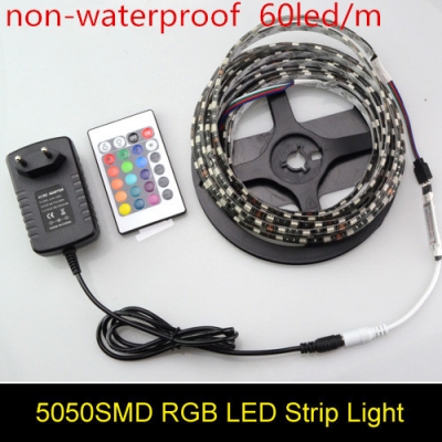 black pcb 5m 5050 non-waterproof rgb 300 led flexible strip light led ribbon tape + 24 key ir remote controller + 12v 3a power