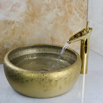 hello round bathroom sink washbasin ceramic +waterfall basin brass faucet 460497120 lavatory bath combine set tap mixer faucet [ceramic-sink-2290]