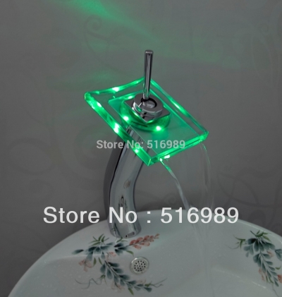 l022 kitchen bathroom sink glass basin led color change waterfall mixer tap faucet [led-faucet-5491]
