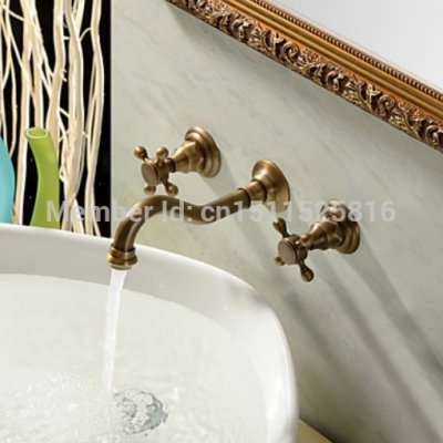 polished copper two cross handles widespread bathroom faucet wall mounted antique brass basin mixer taps torneira banheiro