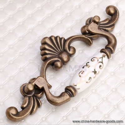 zinc alloy ceramic cabinet pull golden flower butterfly-shaped closet knob european rural style antique brass funiture handle [Door knobs|pulls-186]