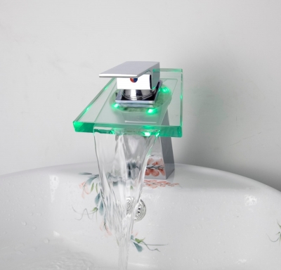 battery 3 color led waterfall faucet bathroom single handle basin mixer tap tree463 [led-faucet-5444]