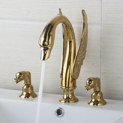 hello luxury golden swan waterfall 3 pieces 2 lever 97145 deck shower bathroom basin sink bathtub torneira tap mixer faucet [3-pcs-bathtub-faucet-set-601]