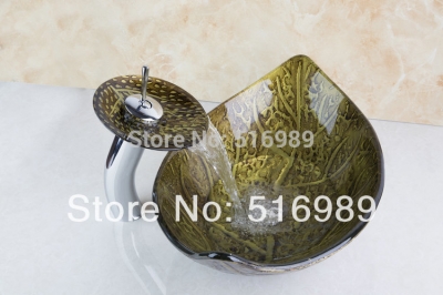leaf shape deck mounted best price bathroom polished chrome basin faucets with drainer glass lavatory basin set [glass-lavatory-basin-faucet-set-3756]