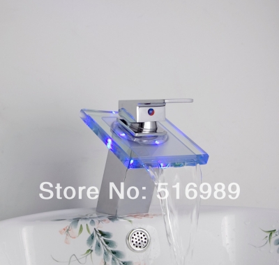 short led colors chrome brass square bathroom basin faucet single handle hole mixercp 16 [led-faucet-5545]