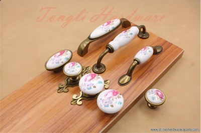 10 pcs/lot white vintage ceramic door knob/handle/pull with flower, for cabinet, locker and drawer,