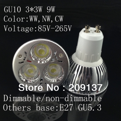 3*3w 9w gu10 led spotlight , ac85-265v,dimmable, ce & rohs, 10pcs/lot