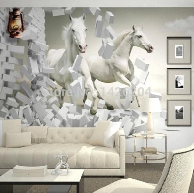 3d white horse wall murals wallpaper,3d horse custom wall paper murals for living room [3d-large-murals-wallpaper-690]