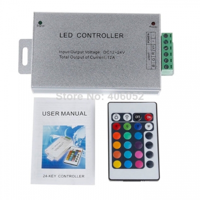 4pcs/lot aluminum shell dc 12v-24v 12a 144w 24key ir remote controller for rgb smd 5050 3528 led strip [led-controller-4981]