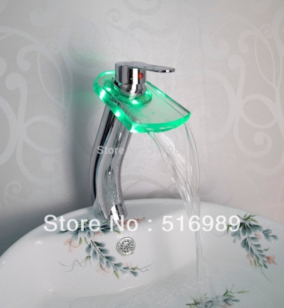 color changing led chrome bathroom brass basin waterfall faucet 3 colors battery power bathroom mixer tap sink chrome ha510 [led-faucet-5455]