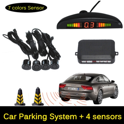 dc 12v car parking system led display reverse backup radar sound alert + 4 sensors , black white silver gray blue yellow red