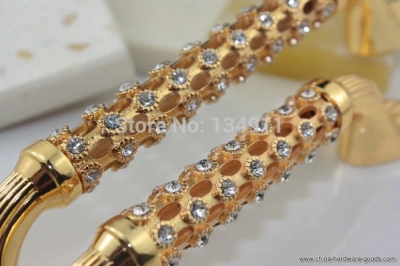 fashion 6pcs 96mm yellow gold drawer knobs crystal diamond porcelain dresser pulls (l:150mm d:12mm h:30mm)