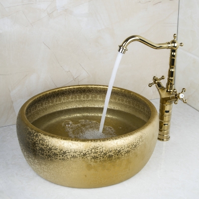 luxy round paint golden bowl sinks / vessel basins with washbasin ceramic basin sink & polished golden faucet tap set 46048631k [ceramic-basin-faucet-set-2271]