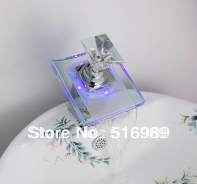 new brand led color chaning basin vessel sink faucet waterfall glass spout mixer tap tree485