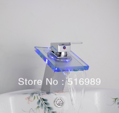 soild brass chrome brass led color changing waterfall bathroom basin faucet sink mixer tap tree523