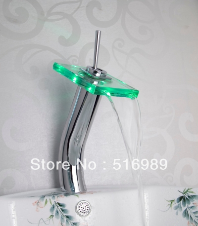 tall led light single handle chrome brass faucet 3 colors led faucet glass faucet mixer tap leaf17 [led-faucet-5112]