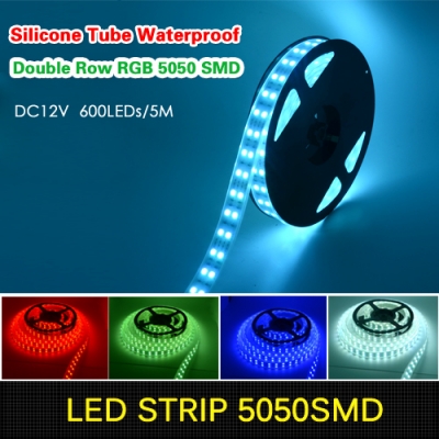 600leds/5m silicone tube waterproof smd 5050 rgb double row led strip flexible light 12v for deepwater swimming pool, fish tank
