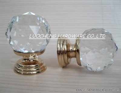 6pcs/lot 40mm clear cut crystal cabinet knob with k-gold finish brass base