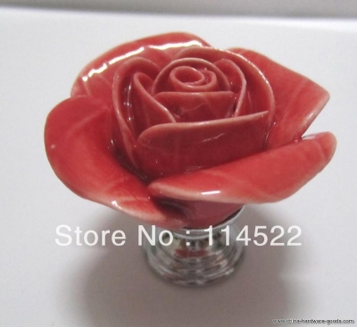 hand made ceramic red rose knobs with silver chrome base flower knob cabinet pull kitchen cupboard knob kids drawer knobs mg-16 [Door knobs|pulls-560]
