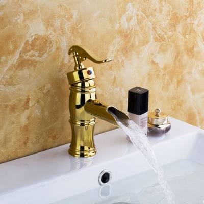 hello short waterfall golden spoon basin torneira bathroom deck mounted 9819 brass single handle sink washroom tap mixer faucet [waterfall-spout-faucet-9485]