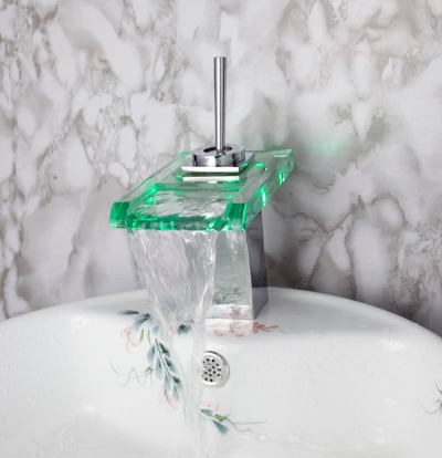led waterfall square glass bathroom faucet sink tap basin mixer chrome brass 3 colors tree429 [led-faucet-5512]