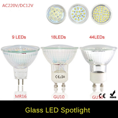 mr16 12v gu10 220v led spotlight 2835 smd 9 leds 18leds 44leds glass lamp body gu 10 3w 5w spot light led bulb downlight [led-spotlight-6090]