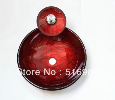 red ross color washbasin tempered glass sink set with brass faucet hp0106 [glass-lavatory-basin-faucet-set-3775]