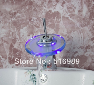 round glass square led bathroom basin sink faucet waterfall bathroom vanity mixer tap grass23 [led-faucet-5542]