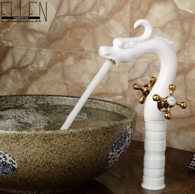 tall dragon faucet bathroom deck mounted washbasin mixer double cross handle white painted water tap [antique-basin-faucet-1162]