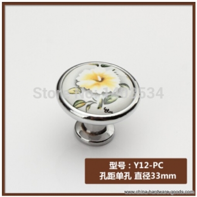 10cs ceramic zinc alloy chrome shiny finish modern knob cabinet knob drawer pulls yellow camellia flower print