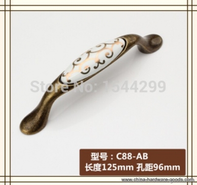 2pcs 96mm white ceramic handle cabinet handle drawer handle antique brass color printed golden flower [Door knobs|pulls-2145]