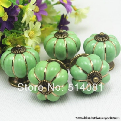 5pcs apple-green ceramic door cabinets cupboard pumpkins white knobs handles pull drawer 40mm